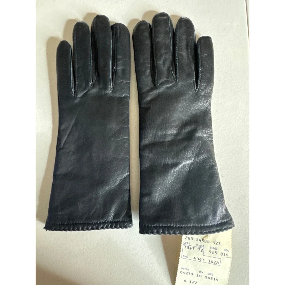 Grandoe Vintage Black Leather Gloves Women Size 6.5 Acrylic Lined Scallop Trim